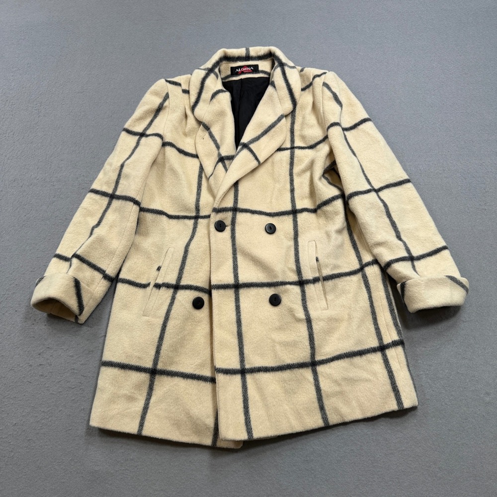 Vintage Alorna Wool Coat Women's Large Off‎ White Windowpane Double Breasted USA